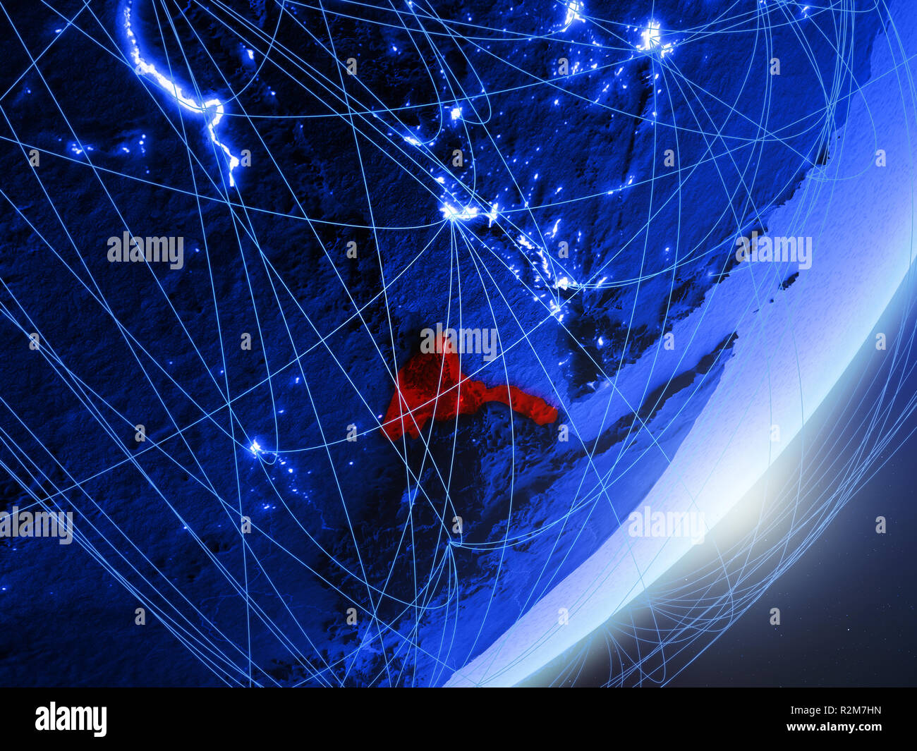 Eritrea on green model of planet Earth with network at night. Concept ...