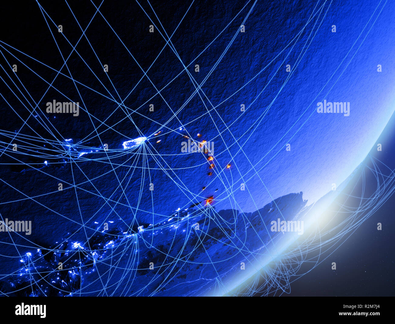 Caribbean on green model of planet Earth with network at night. Concept ...
