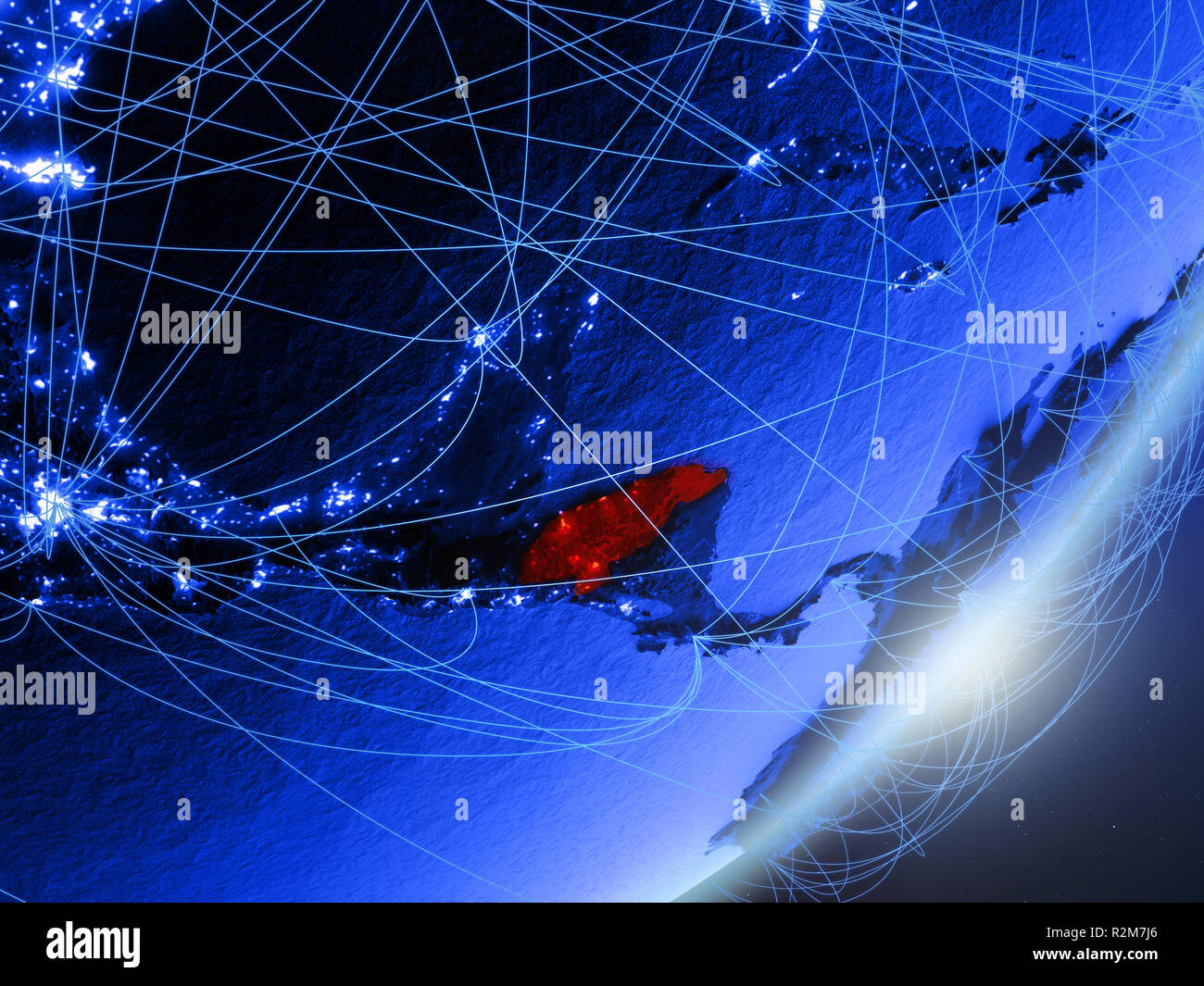 Honduras on green model of planet Earth with network at night. Concept ...