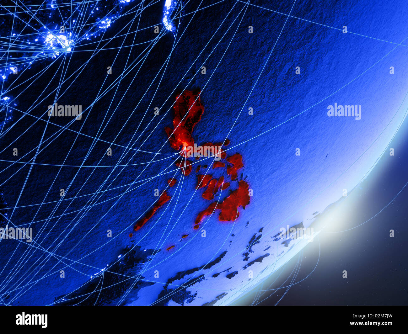 Philippines on green model of planet Earth with network at night ...