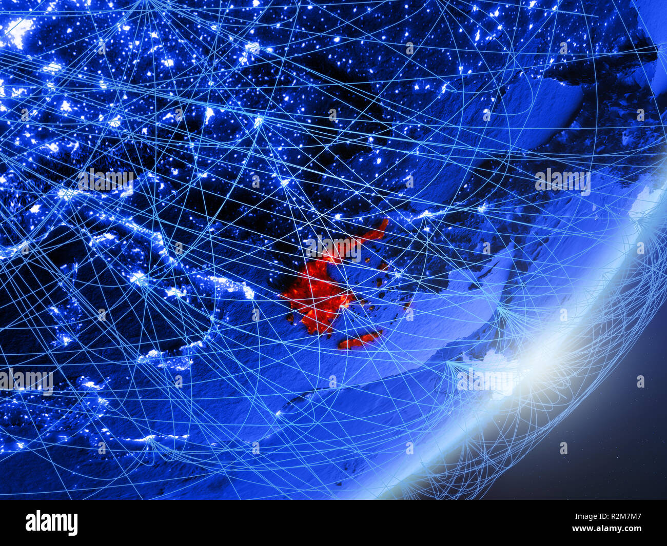 Greece on green model of planet Earth with network at night. Concept of ...
