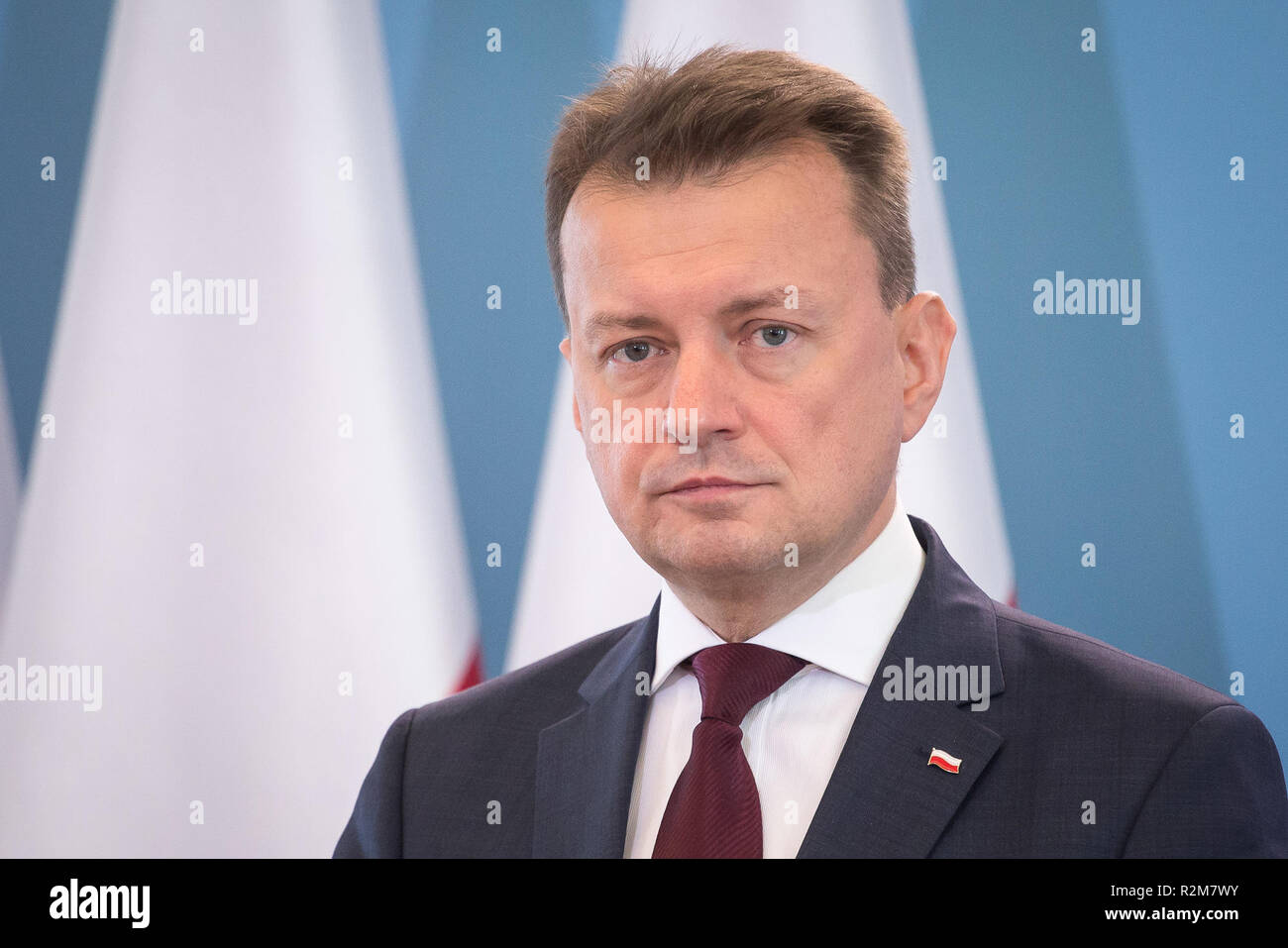 Polish Minister of the Interior and Administration Mariusz Blaszczak during the press conference about ransomware Petya cyberattack in Poland, at Chancellery of the Prime Minister in Warsaw, Poland on 28 June 2017 Stock Photo