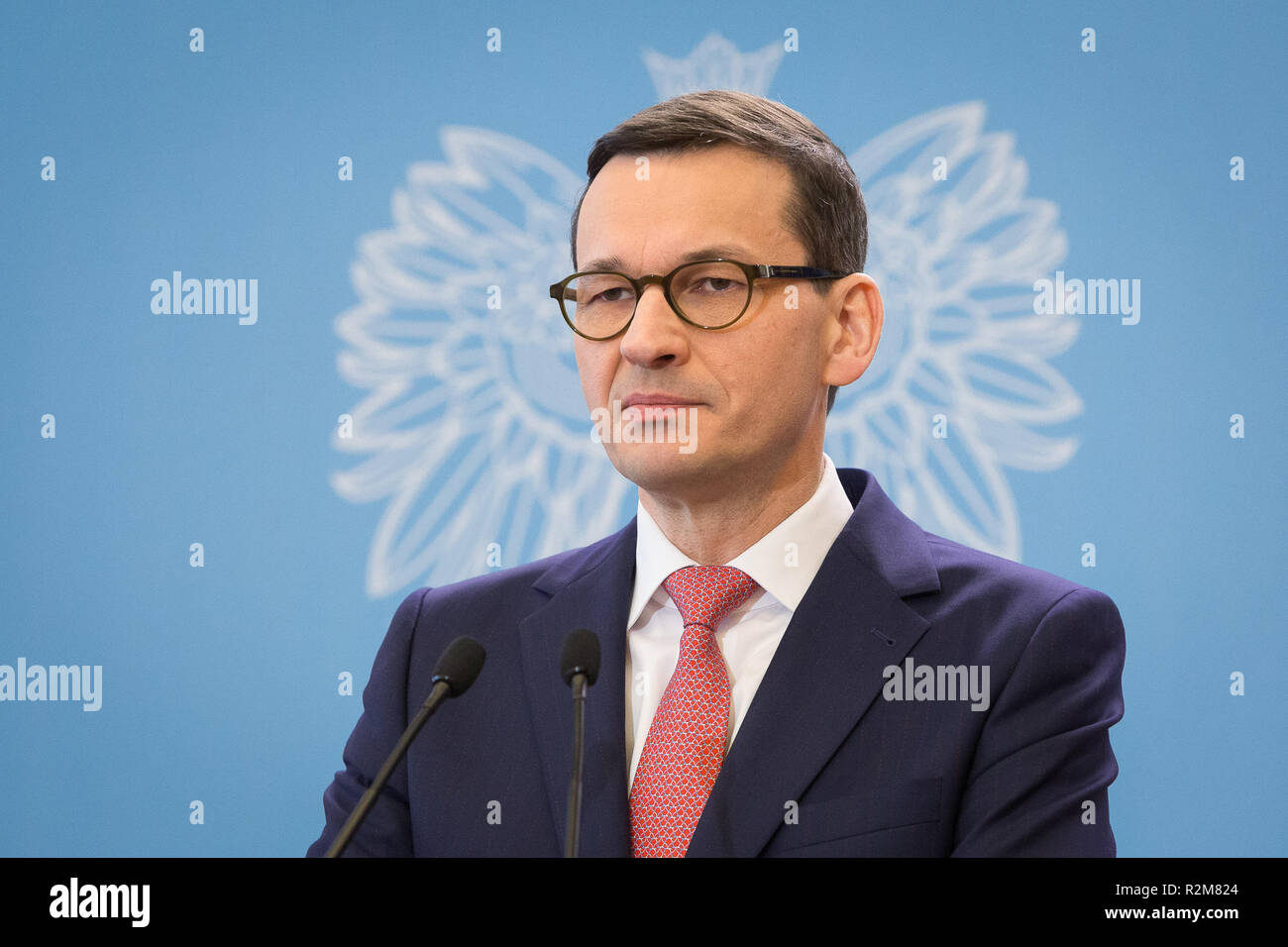 Prime Minister of Poland Mateusz Morawiecki during the press conference at Chancellery of the Prime Minister in Warsaw, Poland on 12 March 2018 Stock Photo