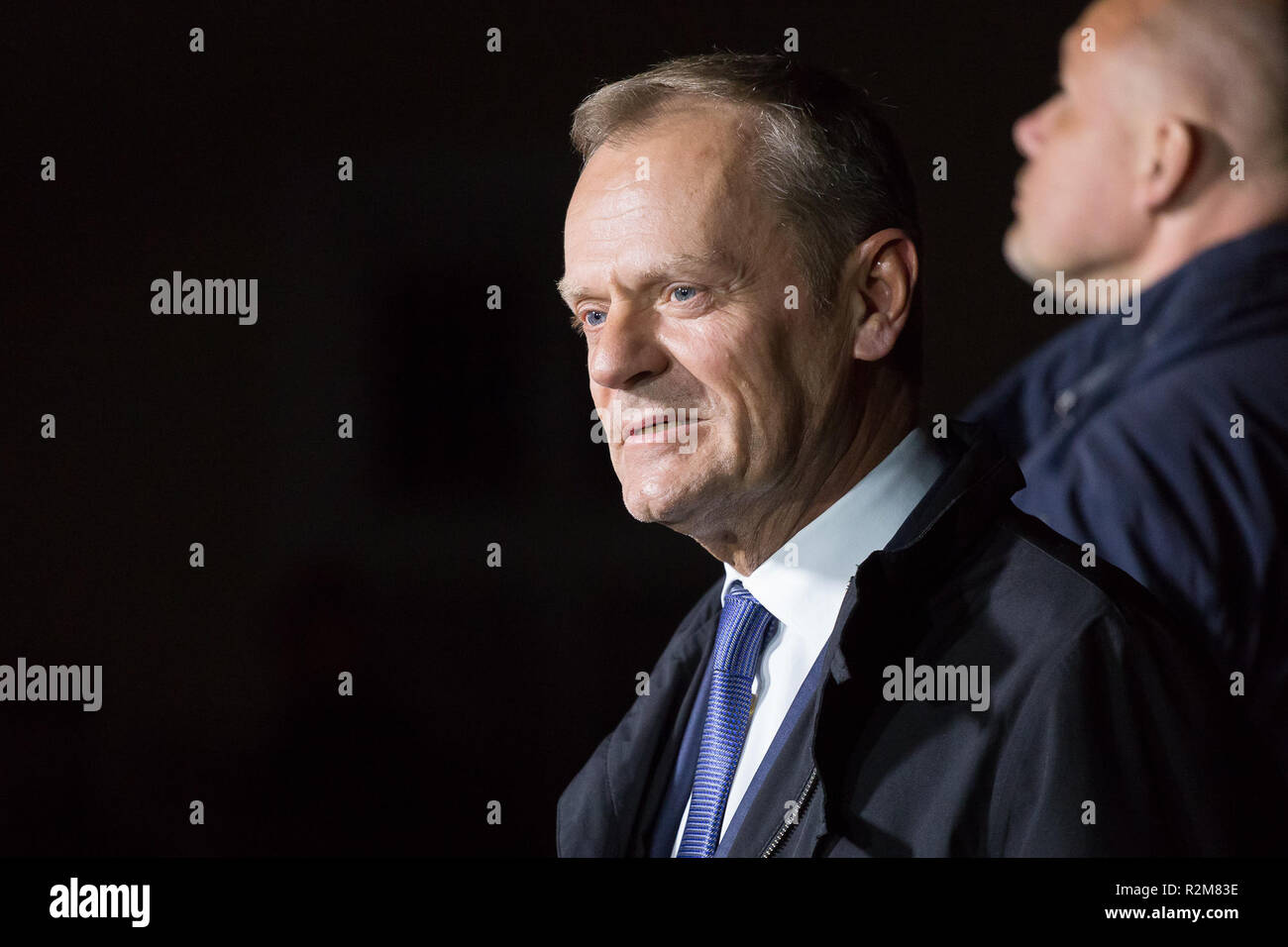 Former Polish Prime Minister, President of the European Council Donald Tusk during the press conference after leaving the prosecutor's office in Warsaw, Poland on 19 April 2017 Stock Photo