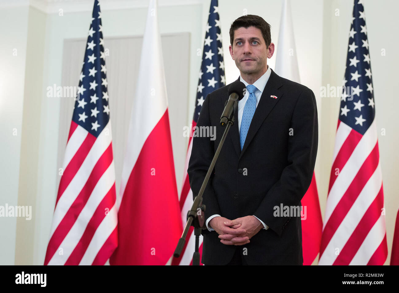 Speaker of the United States House of Representatives Paul Ryan speaks to the media after a meeting with Polish President Andrzej Duda in the Presidential Palace in Warsaw, Poland on 21 April 2017 Stock Photo