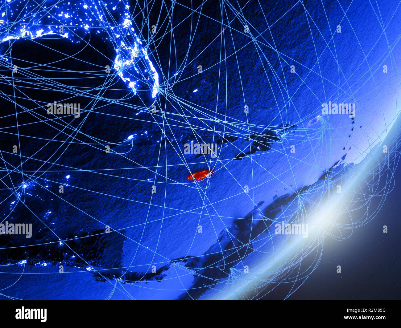 Jamaica on green model of planet Earth with network at night. Concept ...