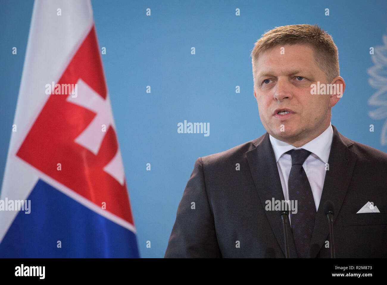 Prime Minister of Slovakia Robert Fico during the press conference at Chancellery of the Prime Minister in Warsaw, Poland on 31 May 2017 Stock Photo