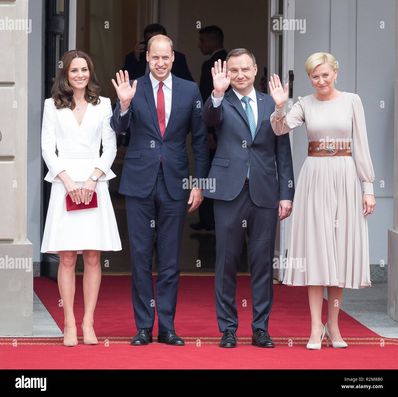 Prince William, Duke of Cambridge and Catherine Duchess of Cambridge during the welcoming by the President of the Republic of Poland Andrzej Duda and First Lady Agata Kornhauser-Duda in front of the Presidential Palace in Warsaw, Poland on 17 July 2017 Stock Photo
