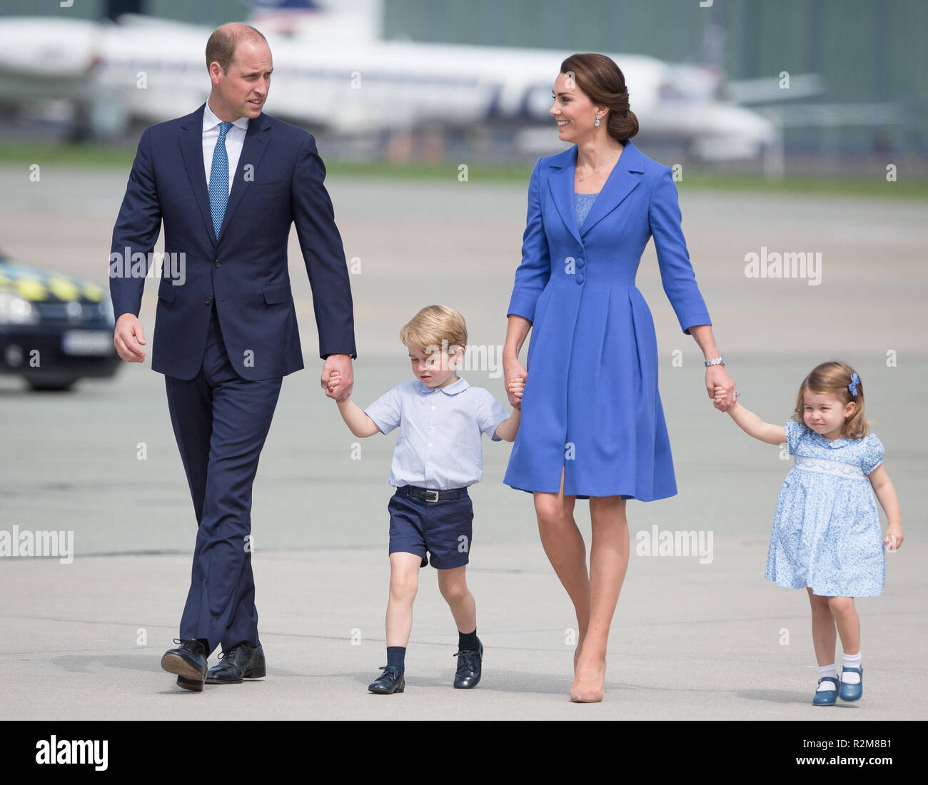 Prince William, Duke of Cambridge and Catherine Duchess of Cambridge with their chlidren (daughter Princess Charlottet and son Prince George) at Chopin Airport in Warsaw, Poland on 19 July 2017 Stock Photo