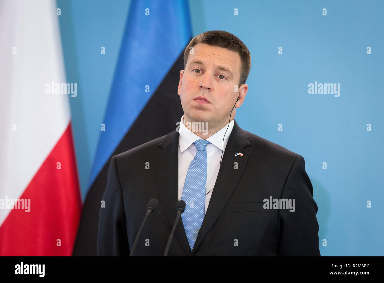 Prime Minister of Estonia Juri Ratas during the press conference after meeting with Prime Minister of Poland Beata Szydlo at Chancellery of the Prime Minister in Warsaw, Poland on 19 September 2017 Stock Photo