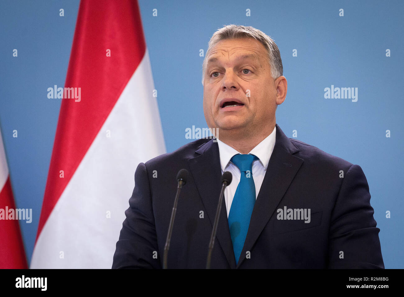 Prime Minister of Hungary Viktor Orban during the press conference after meeting with Prime Minister of Poland Beata Szydlo at Chancellery of the Prime Minister in Warsaw, Poland on 22 September 2017 Stock Photo