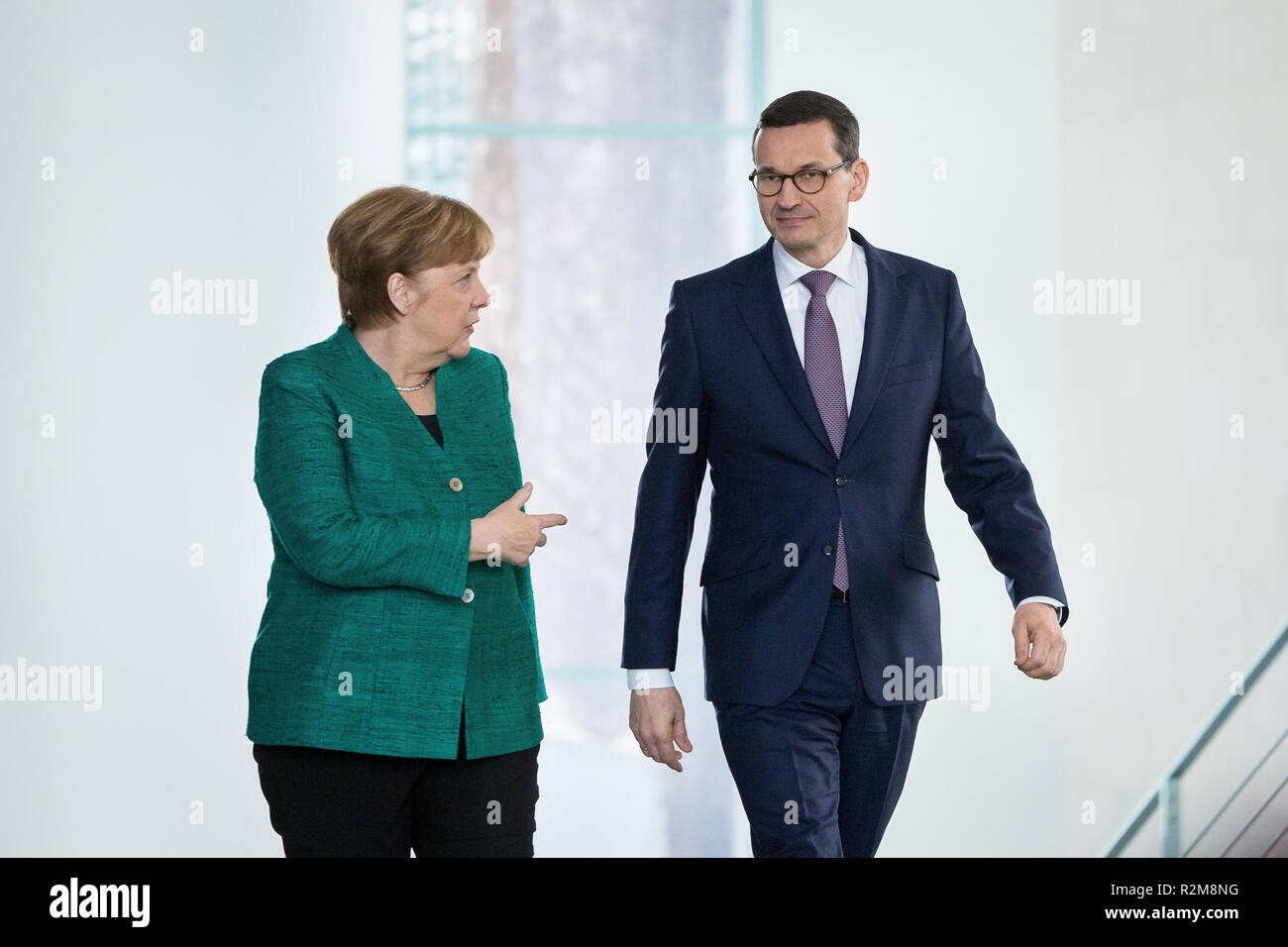 German Chancellor Angela Merkel and Polish Prime Minister Mateusz Morawiecki during a joint news conference following their meeting in Federal Chancellery in Berlin, Germany on 16 February 2018 Stock Photo