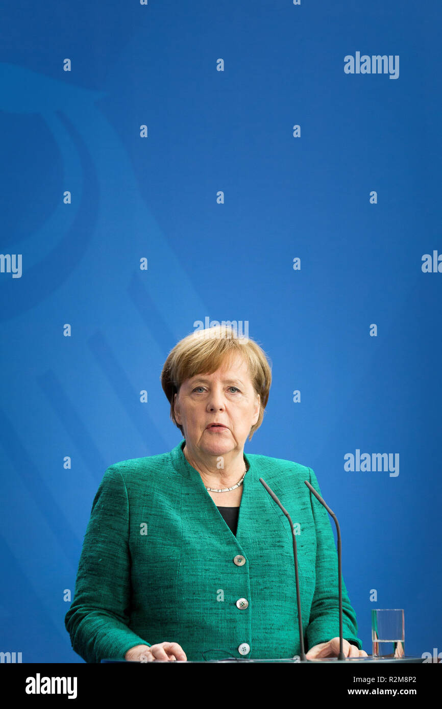 German Chancellor Angela Merkel during a news conference with Polish Prime Minister Mateusz Morawiecki  following their meeting in Federal Chancellery in Berlin, Germany on 16 February 2018 Stock Photo