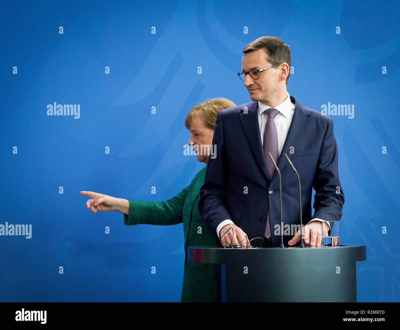 German Chancellor Angela Merkel and Polish Prime Minister Mateusz Morawiecki during a joint news conference following their meeting in Federal Chancellery in Berlin, Germany on 16 February 2018 Stock Photo