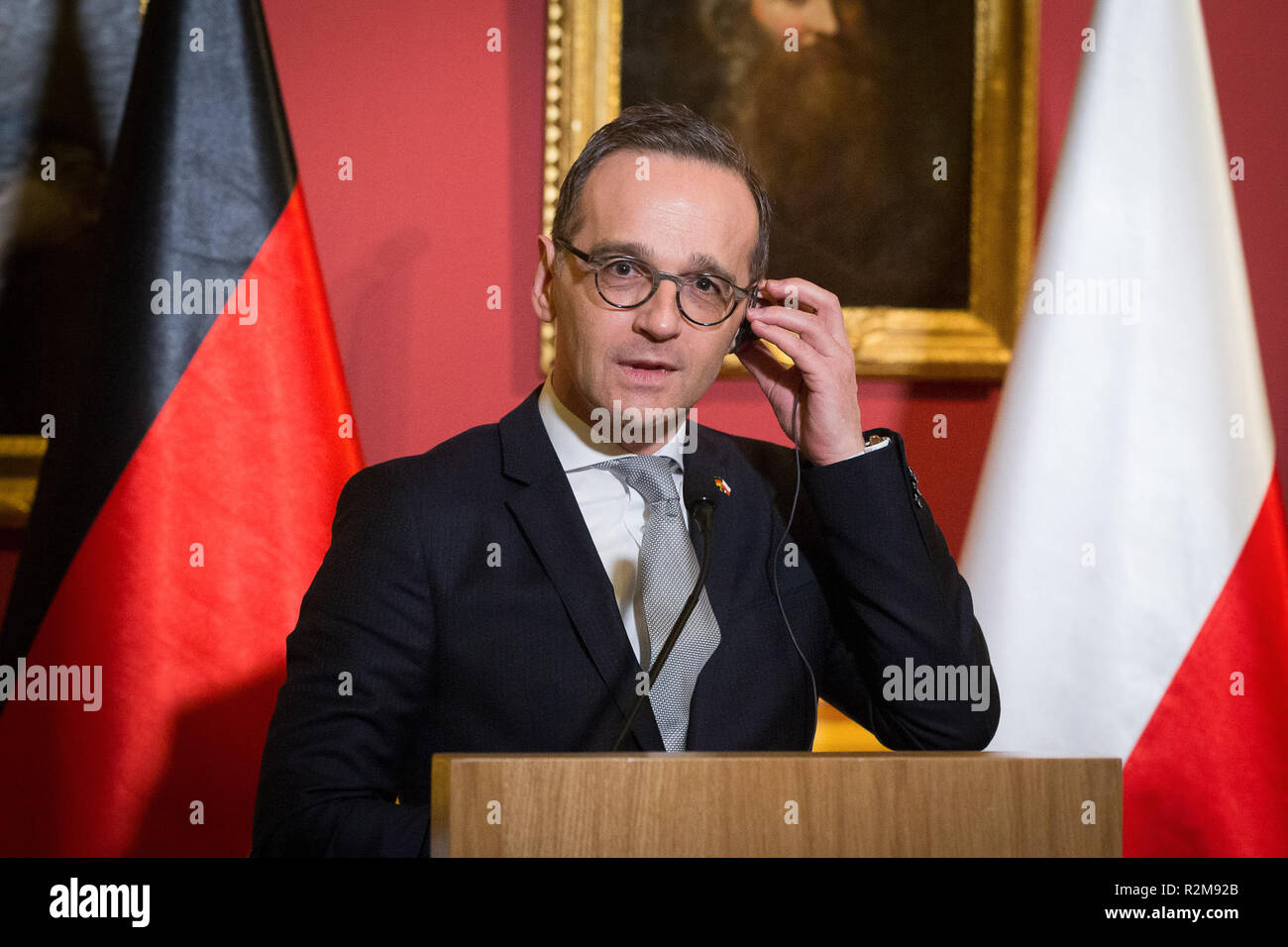 German Minister of Foreign Affairs Heiko Maas during the press conference at Lazienki Palace in Warsaw, Poland on 16 March 2018 Stock Photo