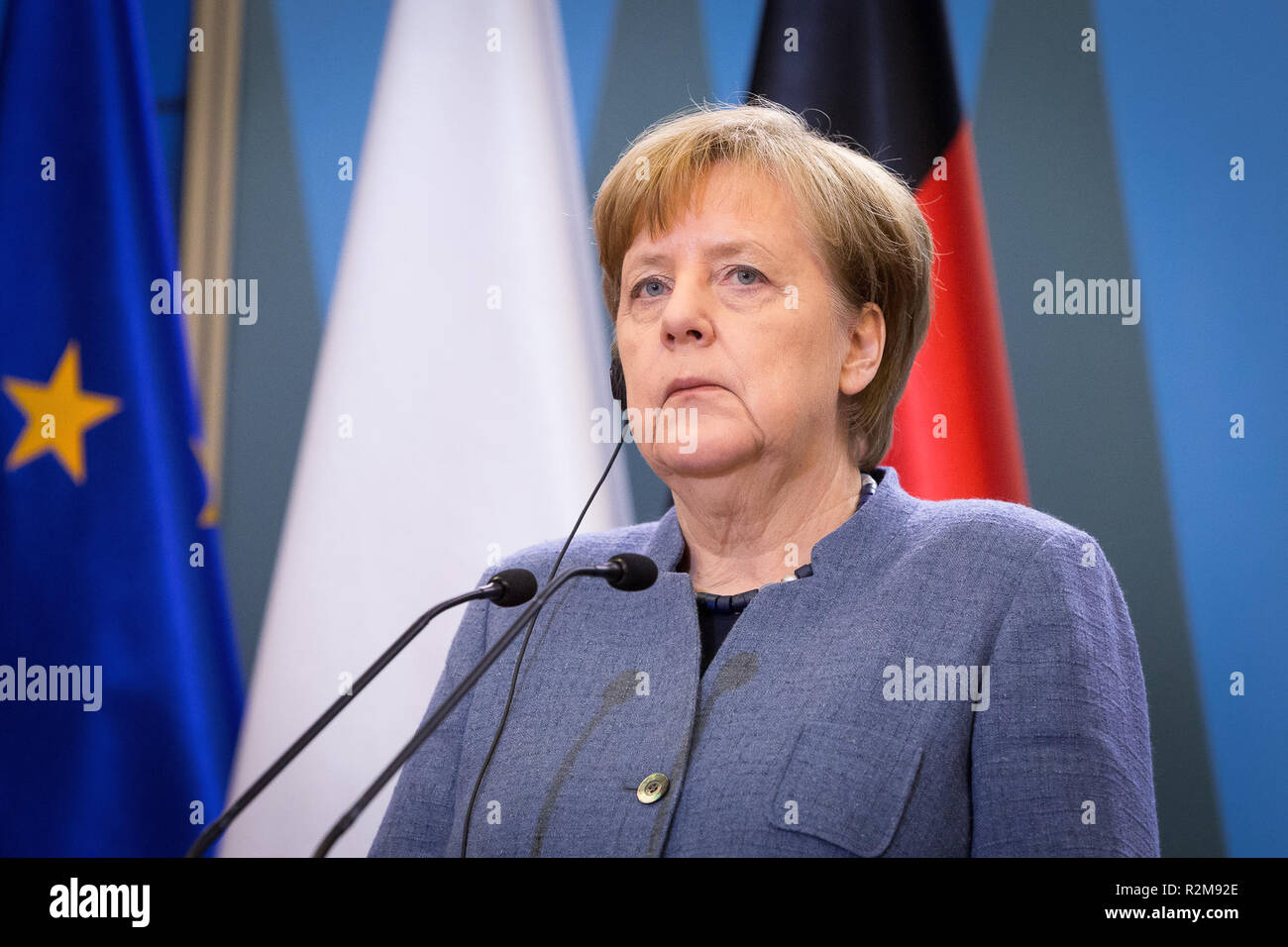 German Chancellor Angela Merkel attend a press conference with Polish Prime Minister Mateusz Morawiecki after their meeting at the Chancellery of the Prime Minister in Warsaw, Poland on 19 March 2018 Stock Photo