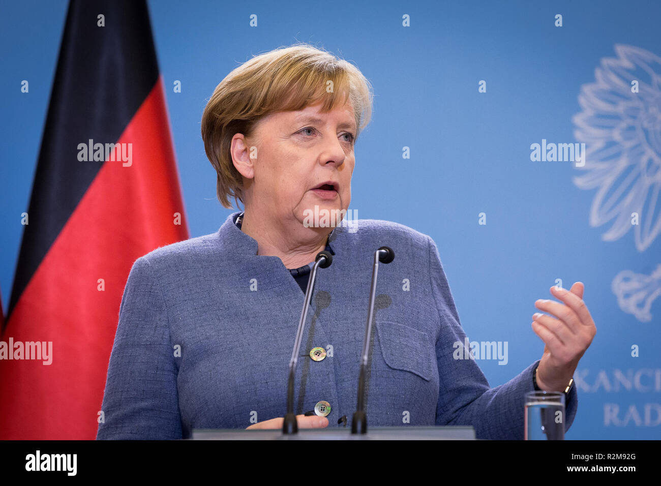 German Chancellor Angela Merkel attend a press conference with Polish Prime Minister Mateusz Morawiecki after their meeting at the Chancellery of the Prime Minister in Warsaw, Poland on 19 March 2018 Stock Photo