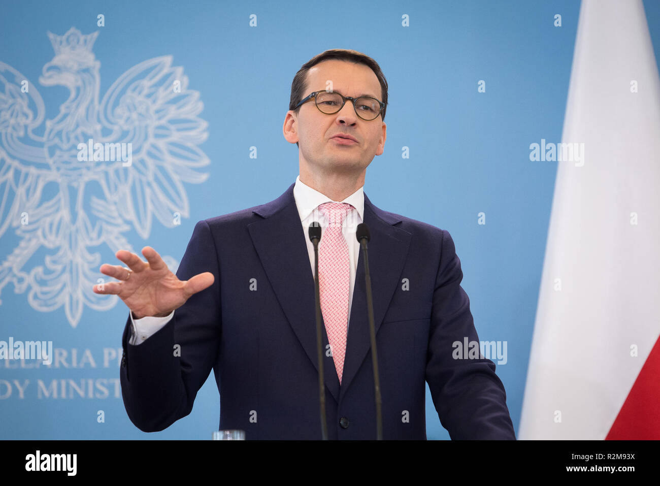 Prime Minister of Poland Mateusz Morawiecki during the press conference after Polish-Romanian intergovernmental consultations at Chancellery of the Prime Minister in Warsaw, Poland on 25 May 2018 Stock Photo