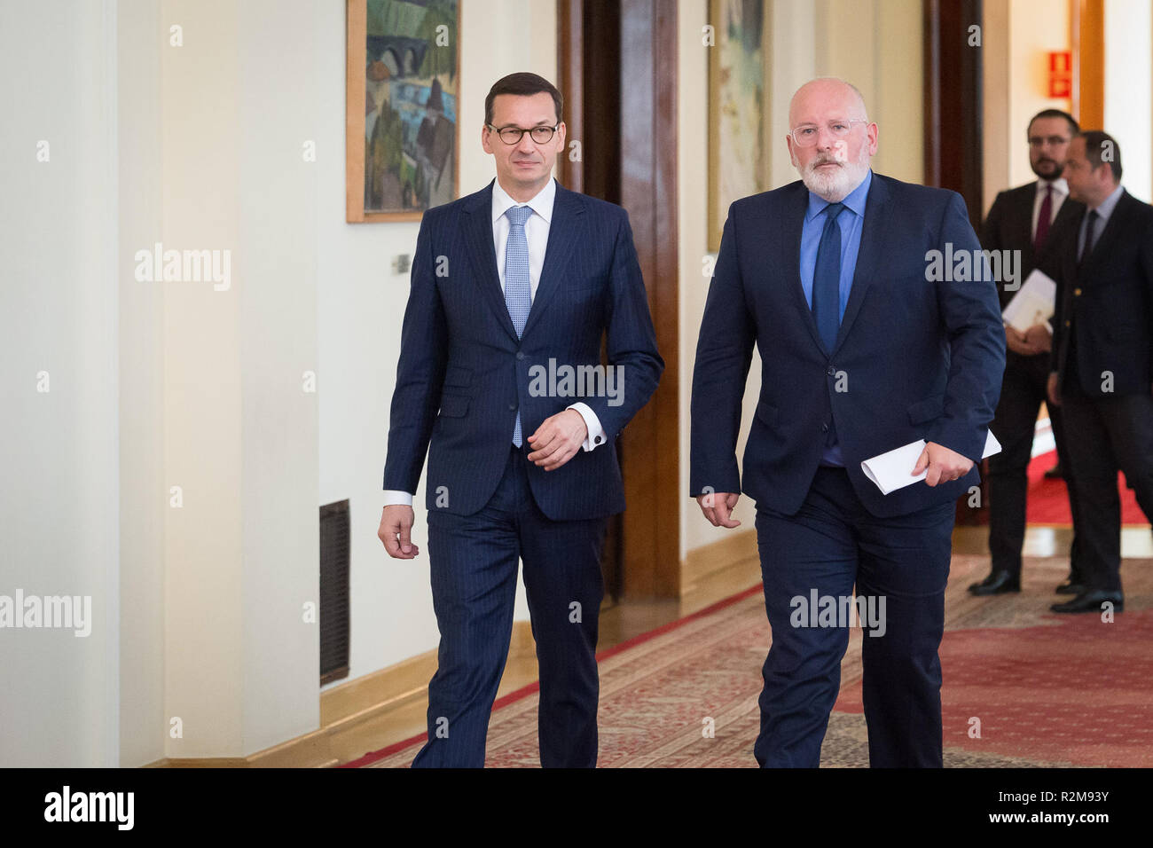 First Vice-President of European Commission Frans Timmermans (R) and Polish Prime Minister Mateusz Morawiecki (L) during a meeting at Chancellery of the Prime Minister in Warsaw, Poland on 18 June 2018 Stock Photo