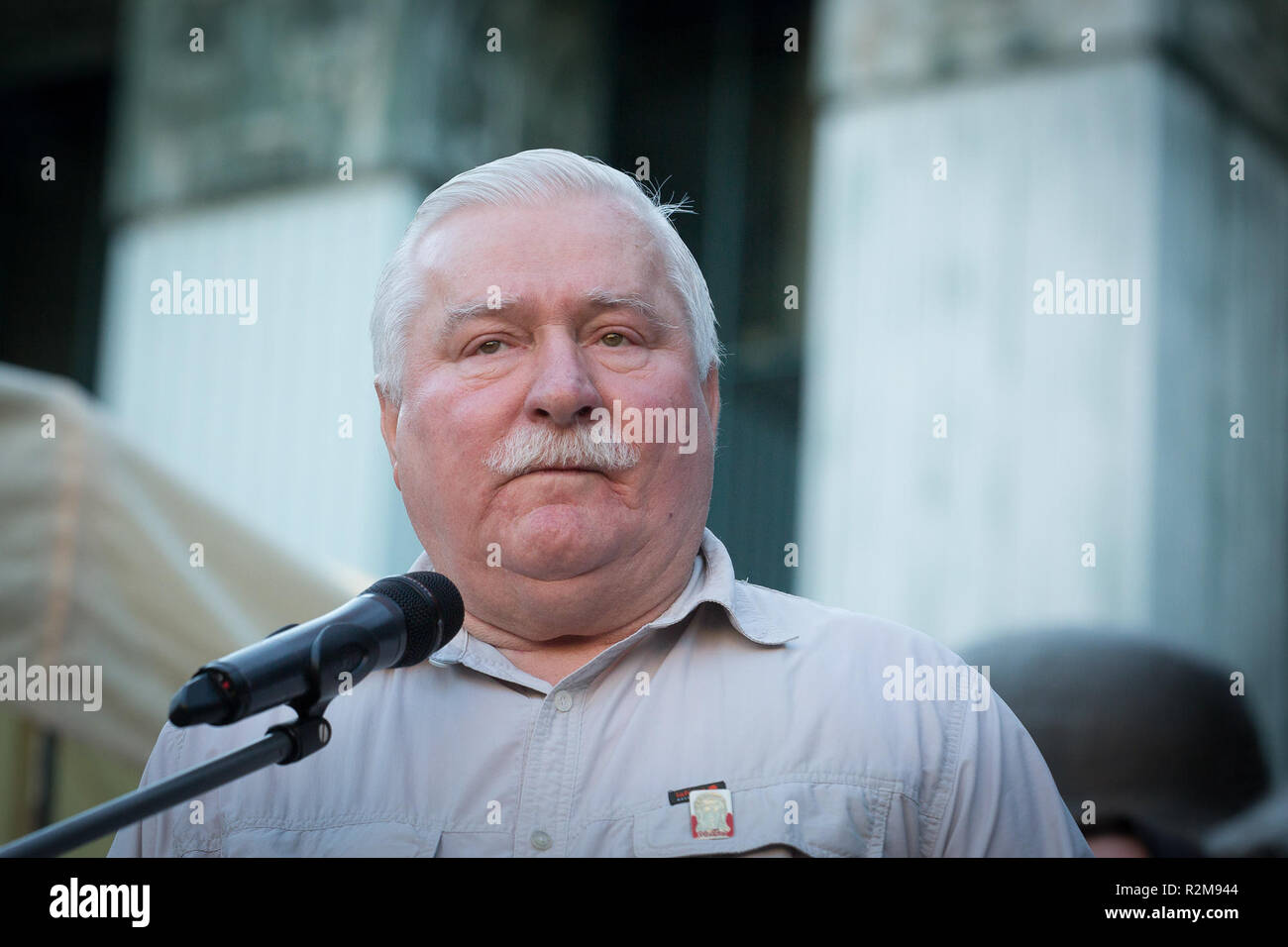 Polish former president and Nobel Peace Prize winner Lech Walesa addresses a crowd of right-wing government opponents during the protest in front of the Sad Najwyzszy, (the Polish Supreme Court) in Warsaw, Poland on 4 July 2018 Stock Photo