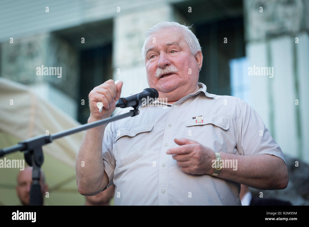 Polish former president and Nobel Peace Prize winner Lech Walesa addresses a crowd of right-wing government opponents during the protest in front of the Sad Najwyzszy, (the Polish Supreme Court) in Warsaw, Poland on 4 July 2018 Stock Photo