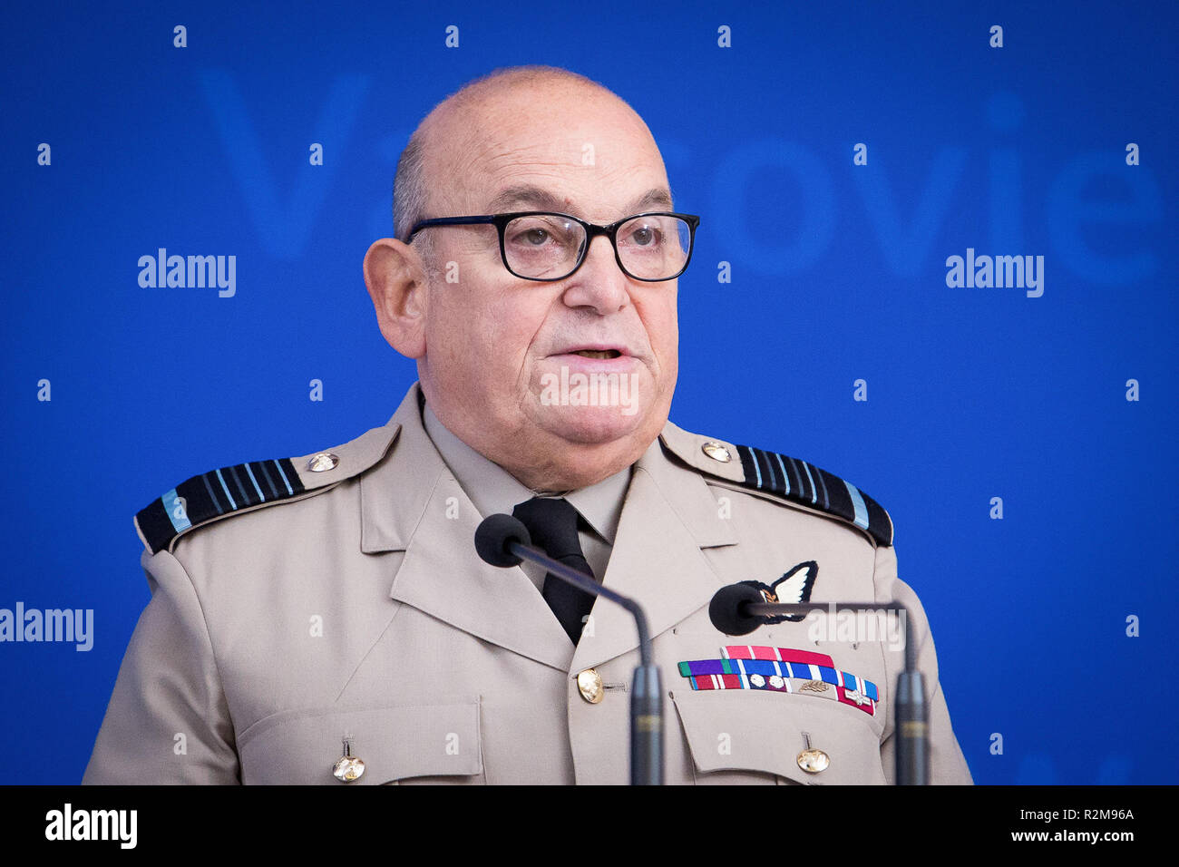 Chairman of the NATO Military Committee, Air Chief Marshal Sir Stuart Peach during the press conference summarizing the NATO Military Committee Conference meeting at Double Tree by Hilton hotel in Warsaw, Poland on 29 September 2018 Stock Photo