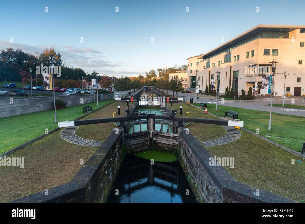 Canal Locks and Civic Centre at Lagan Valley Island, Lisburn, County Antrim, N.Ireland. Stock Photo
