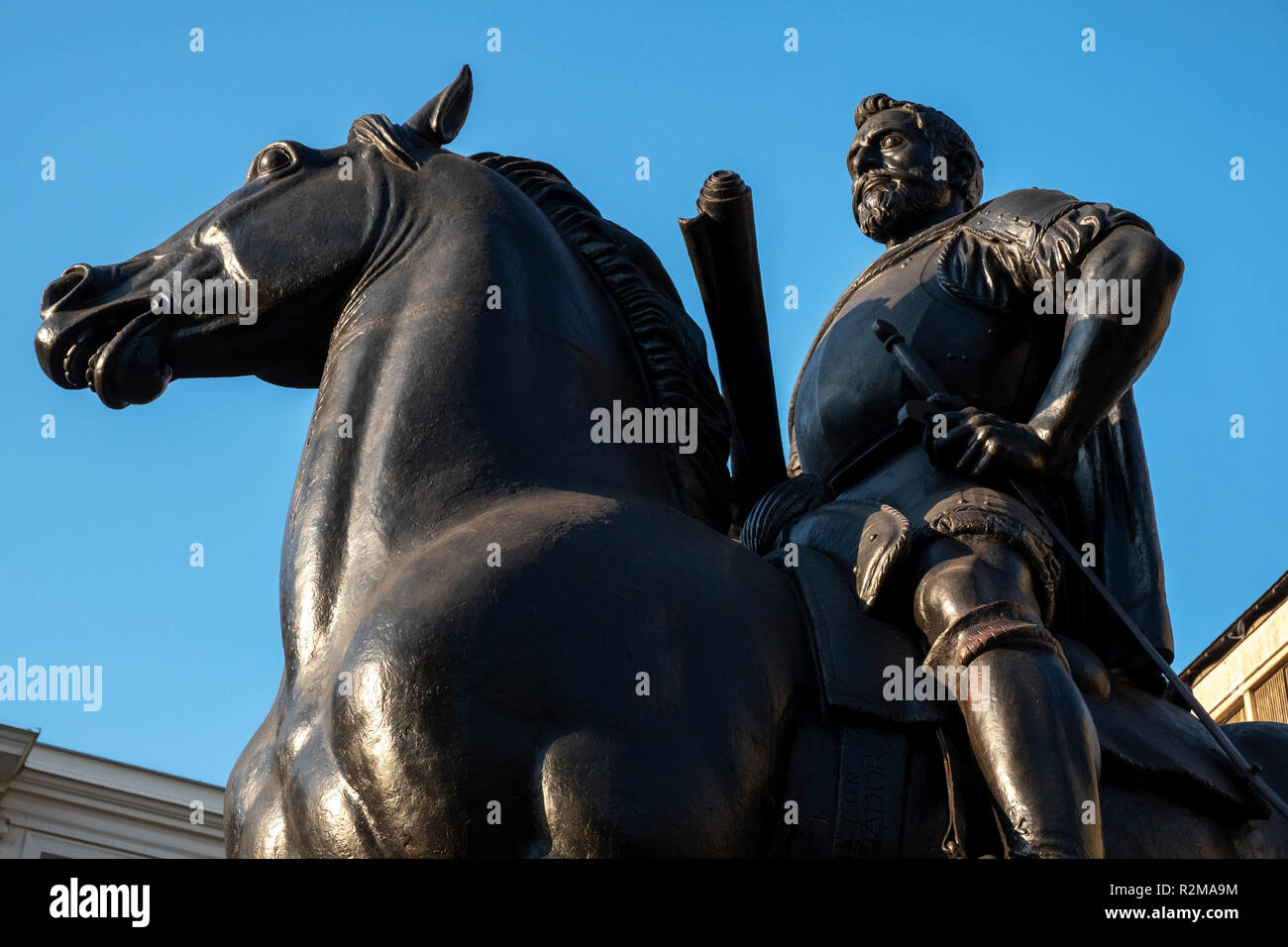 The Pedro de Valdivia Statue in the Plaza de Armas, the main square of Santiago, Chile Stock Photo