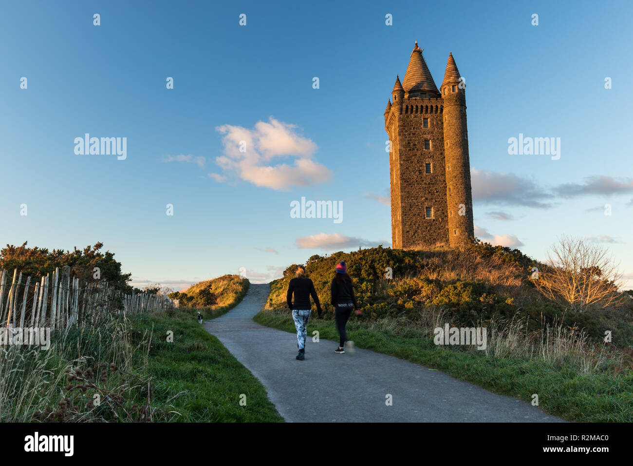 Scrabo Tower at sunset. A local landmark on Scrabo Hill visible from many miles. Newtownards, County Down, N.Ireland. Stock Photo