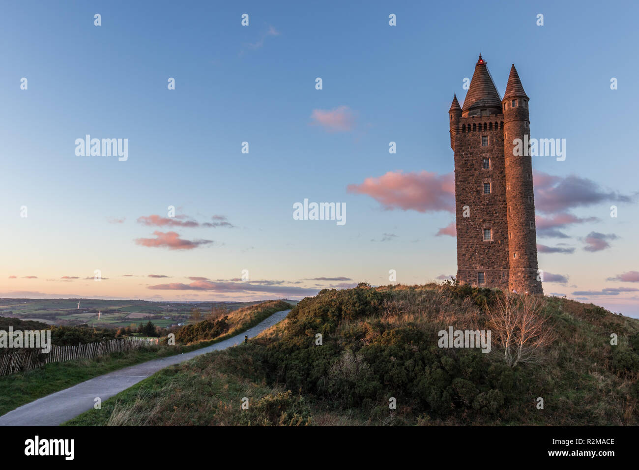Scrabo Tower at sunset. A local landmark on Scrabo Hill visible from many miles. Newtownards, County Down, N.Ireland. Stock Photo