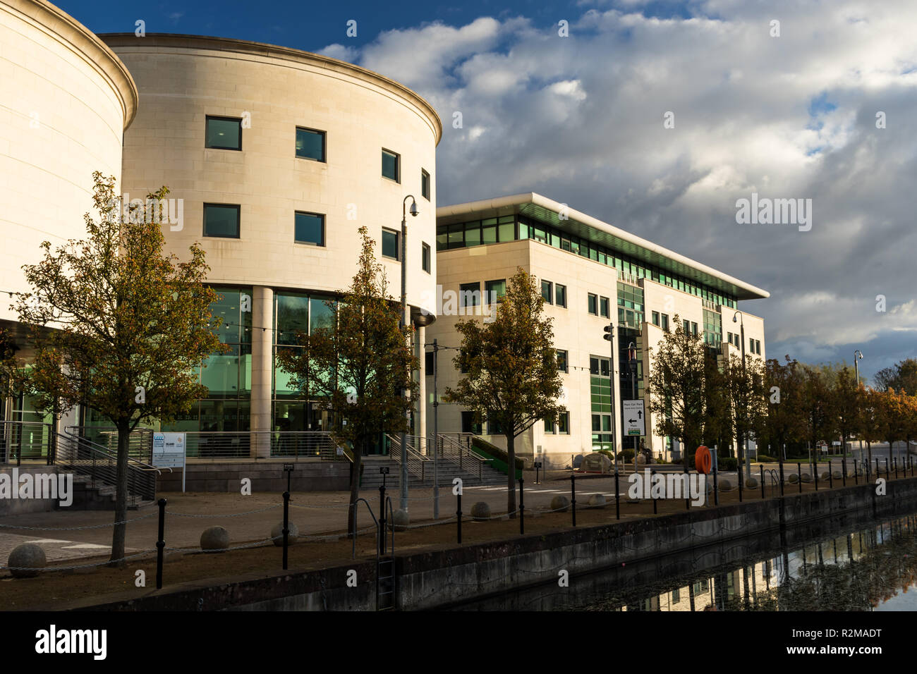 Civic Centre with row of trees in autumnal colour at Lagan Valley Island, Lisburn, County Antrim, N.Ireland. Stock Photo