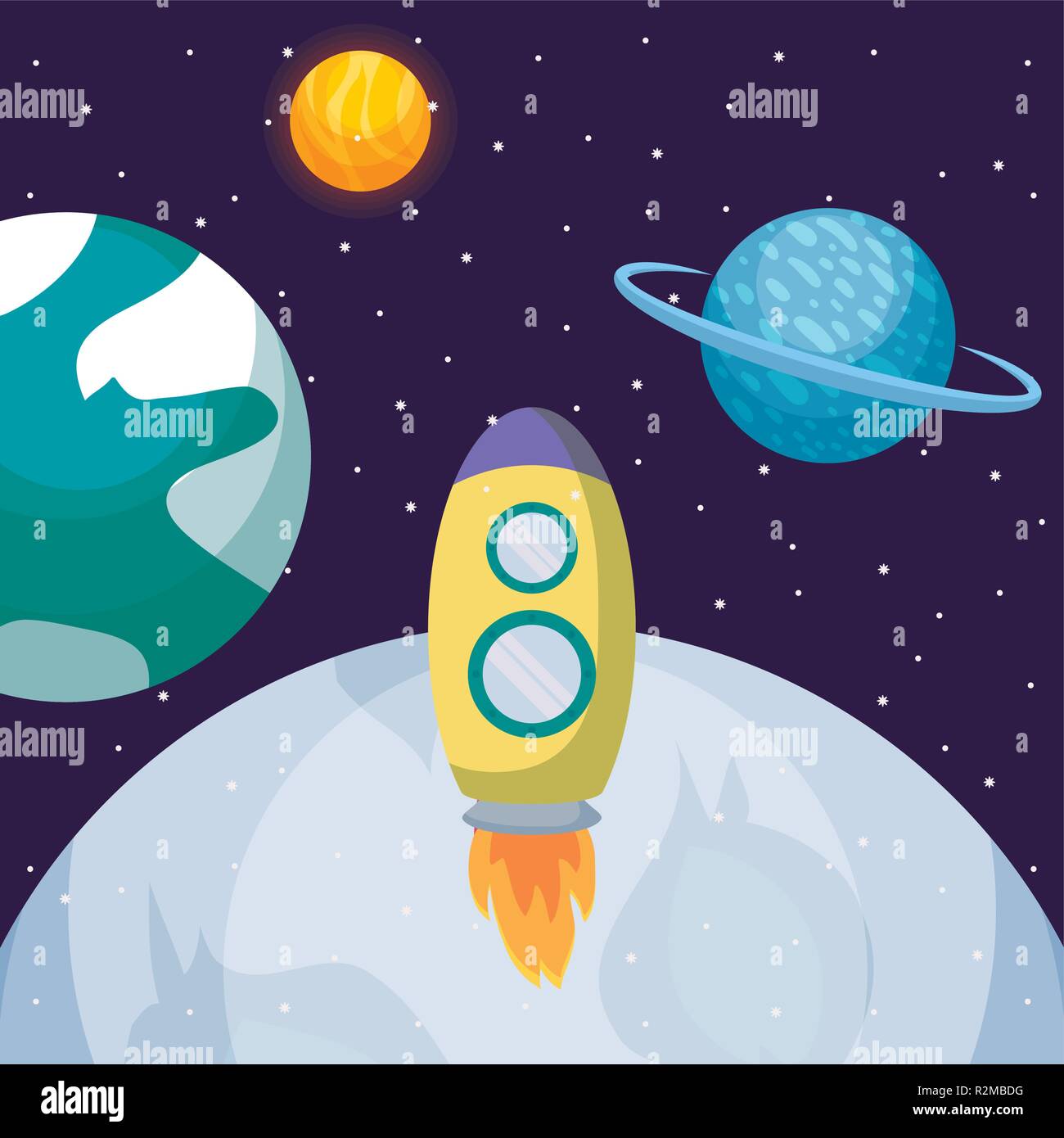 startup rocket with moon and planets vector illustration design Stock ...