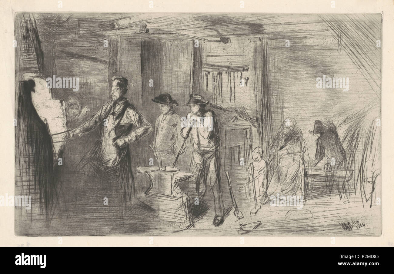 The Forge. Dated: 1861. Dimensions: plate: 19.05 × 31.12 cm (7 1/2 × 12 1/4 in.)  sheet: 22.54 × 35.88 cm (8 7/8 × 14 1/8 in.). Medium: drypoint in black on laid paper. Museum: National Gallery of Art, Washington DC. Author: WHISTLER, JAMES ABBOTT MCNEILL. Stock Photo