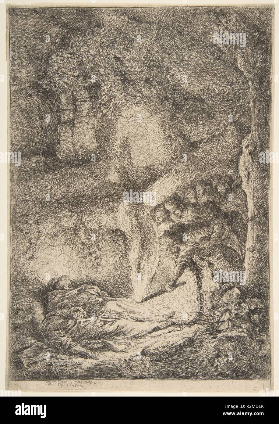 Finding the bodies of Saints Peter and Paul. Artist: Giovanni Benedetto Castiglione (Il Grechetto) (Italian, Genoa 1609-1664 Mantua). Dimensions: Sheet: 11 13/16 × 8 1/8 in. (30 × 20.7 cm). Date: 1645-51.  Many of Castiglione's works address the transience of earthly endeavors, death, and decay. One of the most innovative printmakers of his time, he was strongly influenced by Rembrandt's prints and their tenebrism (from tenebroso, suggesting darkness). He even sought out religious subjects that would be enhanced by a gloomy setting, such as this example, which depicts the vault on the Appian W Stock Photo