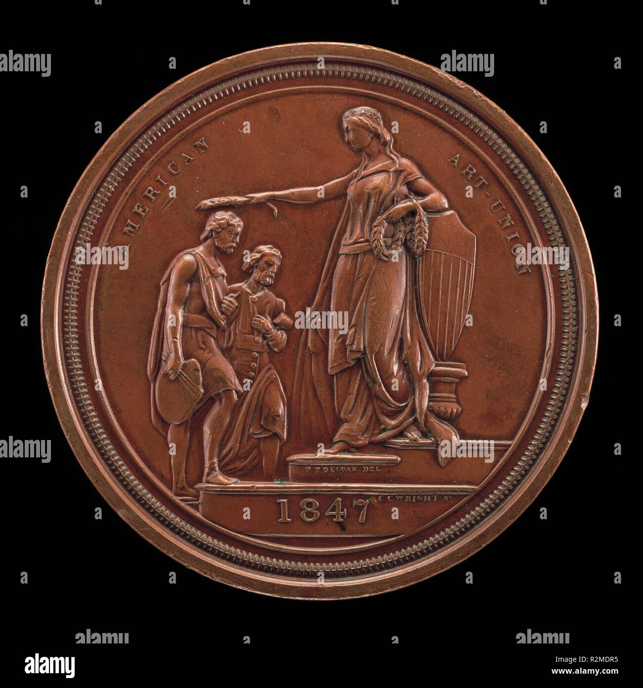 Fame Crowning Painting and Sculpture [reverse]. Dated: 1847. Dimensions: overall (diameter): 6.42 cm (2 1/2 in.)  gross weight: 145.37 gr (0.32 lb.)  axis: 12:00. Medium: bronze. Museum: National Gallery of Art, Washington DC. Author: Charles Cushing Wright, die engraver, after design by Paul Peter Duggan. Stock Photo