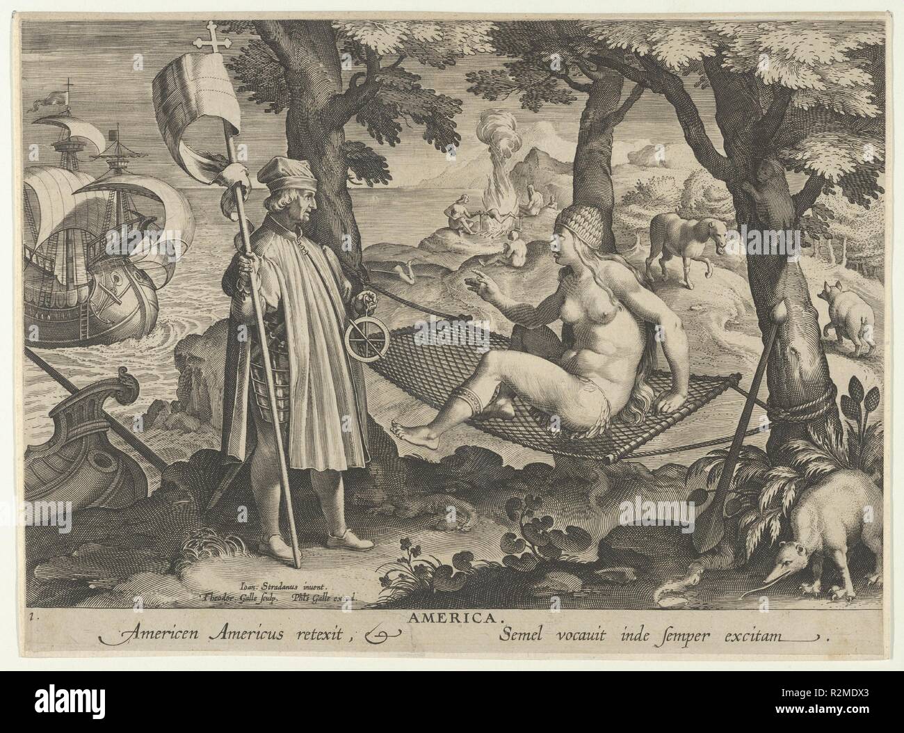 New Inventions of Modern Times [Nova Reperta], The Discovery of America, plate 1. Artist: After Jan van der Straet, called Stradanus (Netherlandish, Bruges 1523-1605 Florence); Theodoor Galle (Netherlandish, Antwerp 1571-1633 Antwerp). Dimensions: sheet: 10 5/8 x 7 7/8 in. (27 x 20 cm). Publisher: Philips Galle (Netherlandish, Haarlem 1537-1612 Antwerp). Date: ca. 1600.  First plate from a print series entitled Nova Reperta (New Inventions of Modern Times) consisting of a title page and 19 plates, engraved by Jan Collaert I, after Jan van der Straet, called Stradanus, and published by Philips  Stock Photo