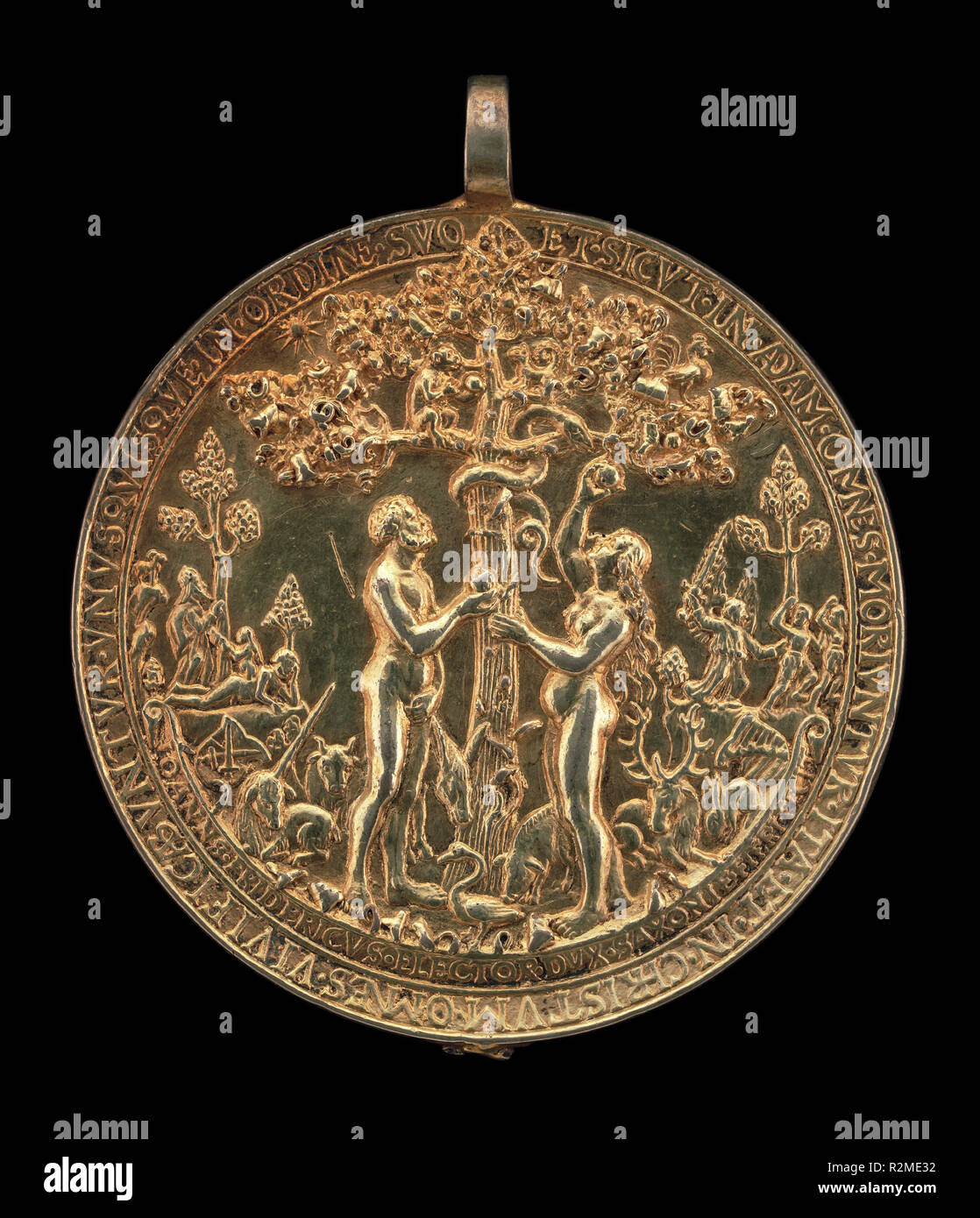 The Fall of Man [obverse]. Dated: 1536. Dimensions: overall (diameter without loop): 6.82 cm (2 11/16 in.)  overall (diameter with loop): 7.9 cm (3 1/8 in.). Medium: gilded bronze. Museum: National Gallery of Art, Washington DC. Author: Hans Reinhart the Elder. Stock Photo