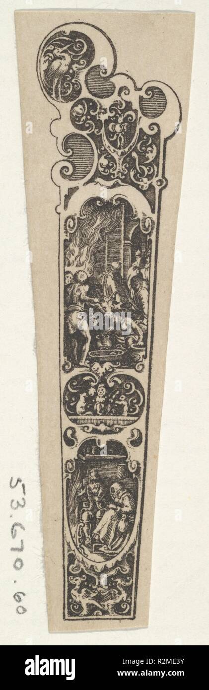 Design for a Knife Handle with a Couple Gathered Around a Fire at Bottom. Artist: attributed to Johann Theodor de Bry (Netherlandish, Strasbourg 1561-1623 Bad Schwalbach). Dimensions: Sheet: 3 1/4 × 1 3/16 in. (8.3 × 3 cm). Date: 1580-1600.  Panel with a knife handle design. At top, sections of ornament with a crane; below, a rectangle containing a scene with figures facing towards a fire at left and holding a bull. At bottom, a man and a woman gathered around a fire at left. Museum: Metropolitan Museum of Art, New York, USA. Stock Photo