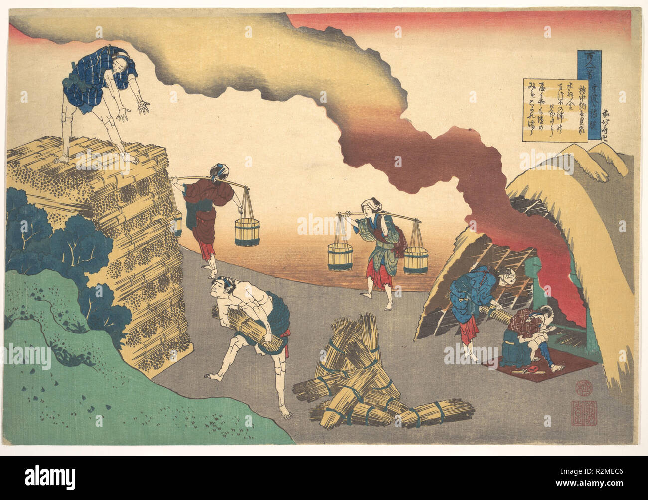 Poem by Gon-Chunagon Sadaie, from the series One Hundred Poems Explained by the Nurse (Hyakunin isshu uba ga etoki). Artist: Katsushika Hokusai (Japanese, Tokyo (Edo) 1760-1849 Tokyo (Edo)). Culture: Japan. Dimensions: 10 1/4 x 15 in. (26 x 38.1 cm). Date: 1760-1849.  One of Hokusai's most dramatic prints liberates the strong emotion compressed into this single stanza by Gochunagon Teika (Fujiwara Sadaie, 1162-1241):  Konu hito so  Matsuho no ura no  yuu nagi ni  yaku ya mo shiho no  mi mo kogaretsutsu  Waiting   for one who does not come   my passion burns    as the unceasing fires   beneath  Stock Photo