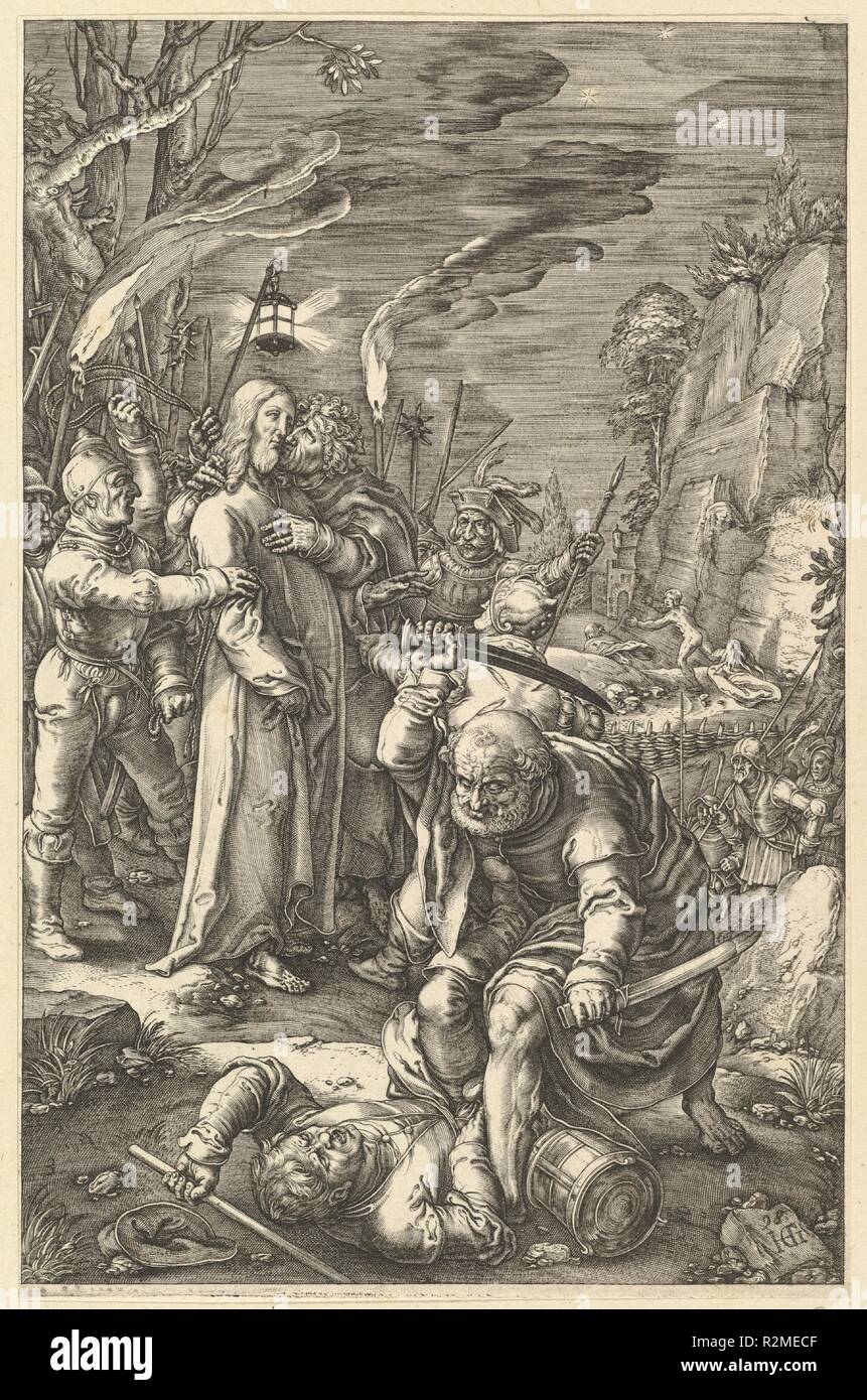 The Betrayal of Christ, from The Passion of Christ. Artist: After Hendrick Goltzius (Netherlandish, Mühlbracht 1558-1617 Haarlem); Anonymous. Dimensions: Sheet: 7 13/16 x 5 1/16 in. (19.8 x 12.8 cm). Date: ca. 1598-1617. Museum: Metropolitan Museum of Art, New York, USA. Stock Photo