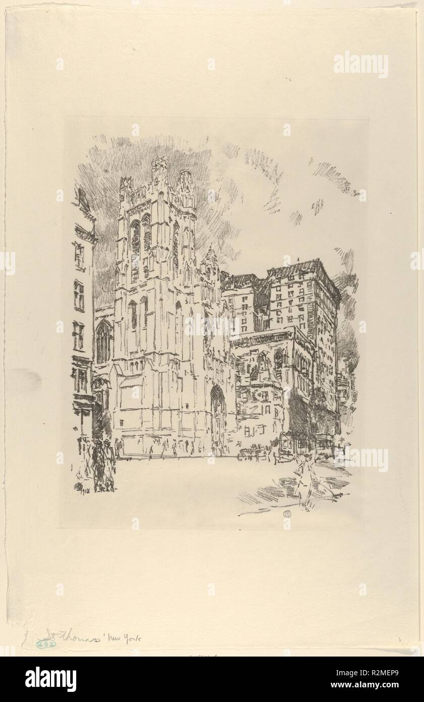 St. Thomas's Church, New York. Artist: Childe Hassam (American, Dorchester, Massachusetts 1859-1935 East Hampton, New York). Dimensions: Image: 10 3/4 in. × 8 in. (27.3 × 20.3 cm)  Sheet: 17 7/8 × 11 1/2 in. (45.4 × 29.2 cm). Date: 1918. Museum: Metropolitan Museum of Art, New York, USA. Stock Photo