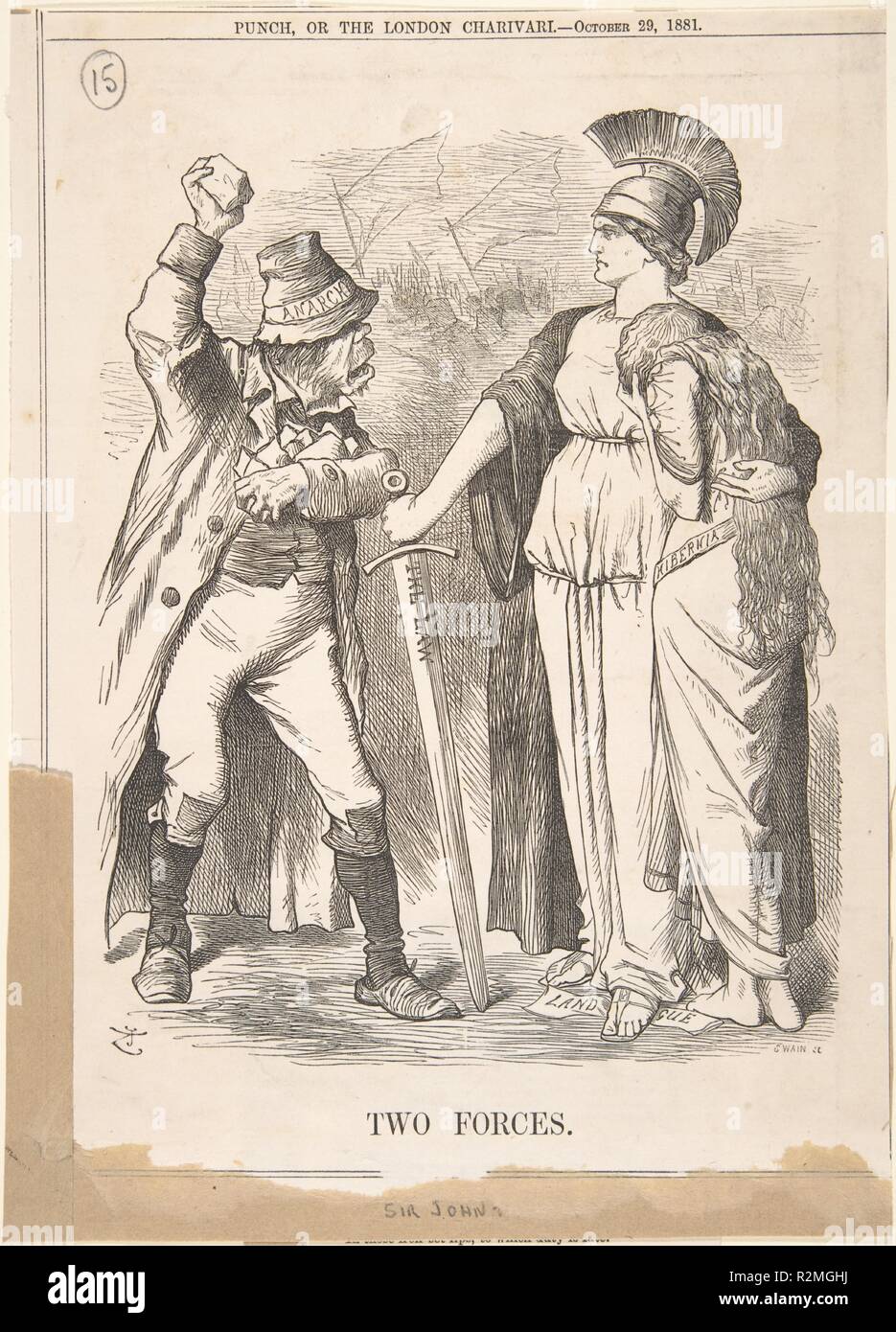 Two Forces (Punch, October 29, 1881). Artist: Sir John Tenniel (British, London 1820-1914 London). Dimensions: Sheet: 10 1/4 x 7 3/8 in. (26 x 18.7 cm). Date: 1881. Museum: Metropolitan Museum of Art, New York, USA. Stock Photo