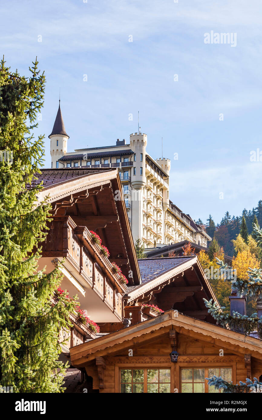 Switzerland, Canton Bern, Bernese Oberland, Saanenland, Gstaad, Chalets, Gstaad Palace Hotel, Luxury Hotel Stock Photo