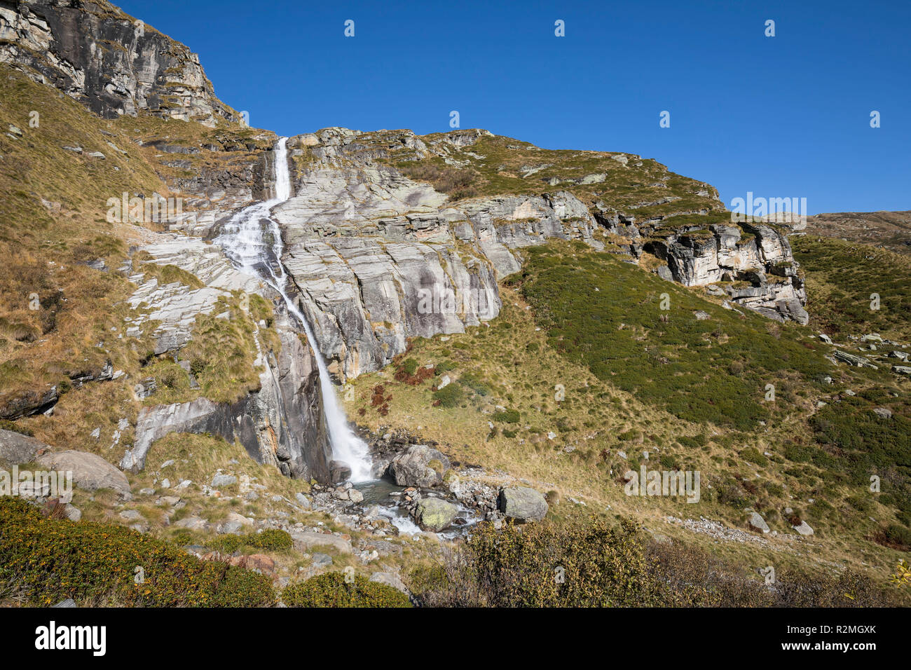 Waterfall in the Natural Park of Alta Valsesia, at the end of the valley of Alagna, view from the path to the Rifugio Barba Ferrero, valley village: Alagna Valsesia, province Vercelli, Piedmont, Italy Stock Photo