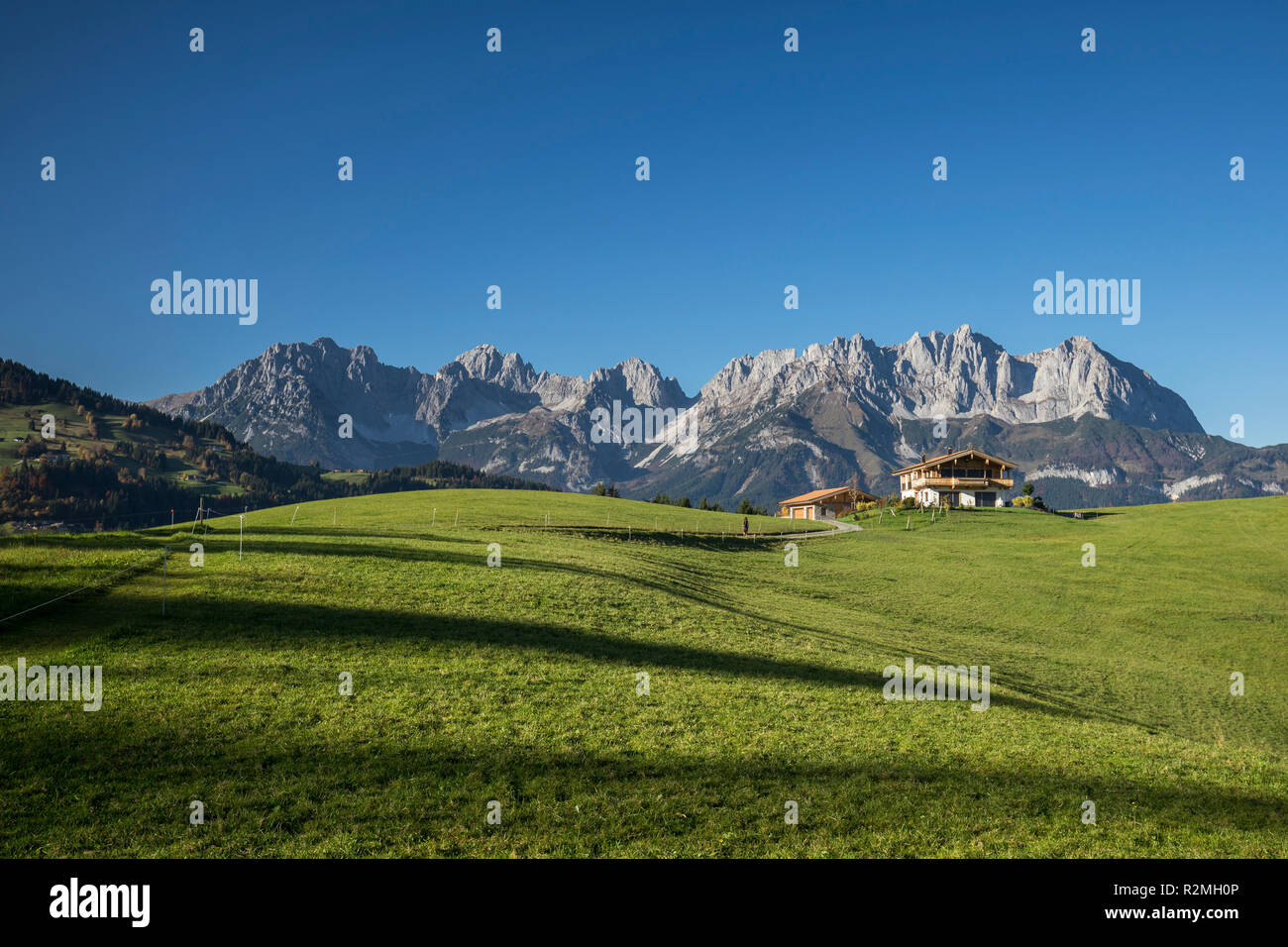 Blick zum Wilden Kaiser, Kaisergebirge, Reith bei Kitzbühel, Bezirk Kufstein, Tirol, Österreich Stock Photo