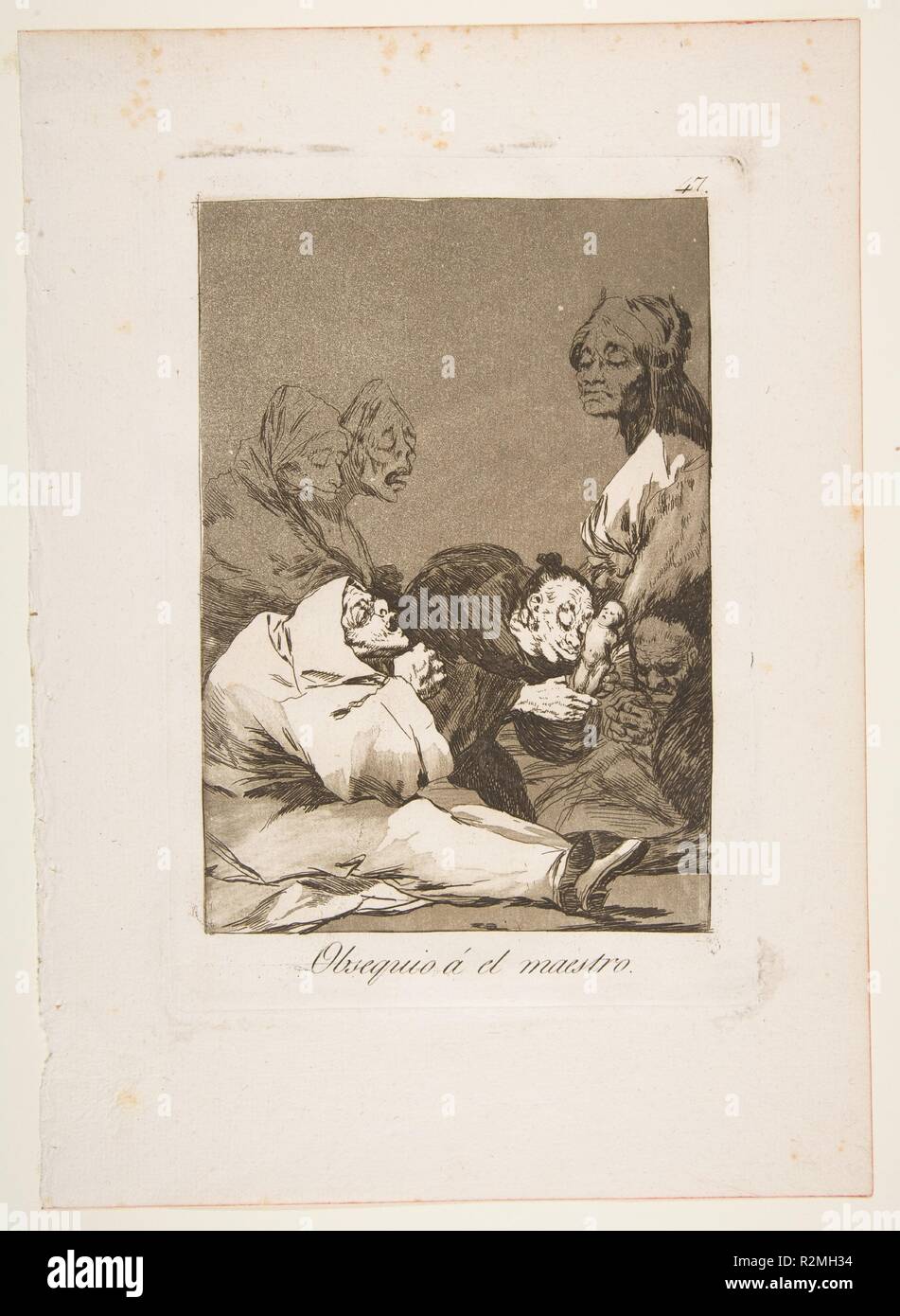 Plate 47 from 'Los Caprichos':A gift for the master (Obsequio á el maestro). Artist: Goya (Francisco de Goya y Lucientes) (Spanish, Fuendetodos 1746-1828 Bordeaux). Dimensions: Plate: 8 3/8 × 5 13/16 in. (21.3 × 14.8 cm)  Sheet: 11 9/16 × 8 1/4 in. (29.4 × 20.9 cm). Series/Portfolio: Los Caprichos. Date: 1799. Museum: Metropolitan Museum of Art, New York, USA. Stock Photo