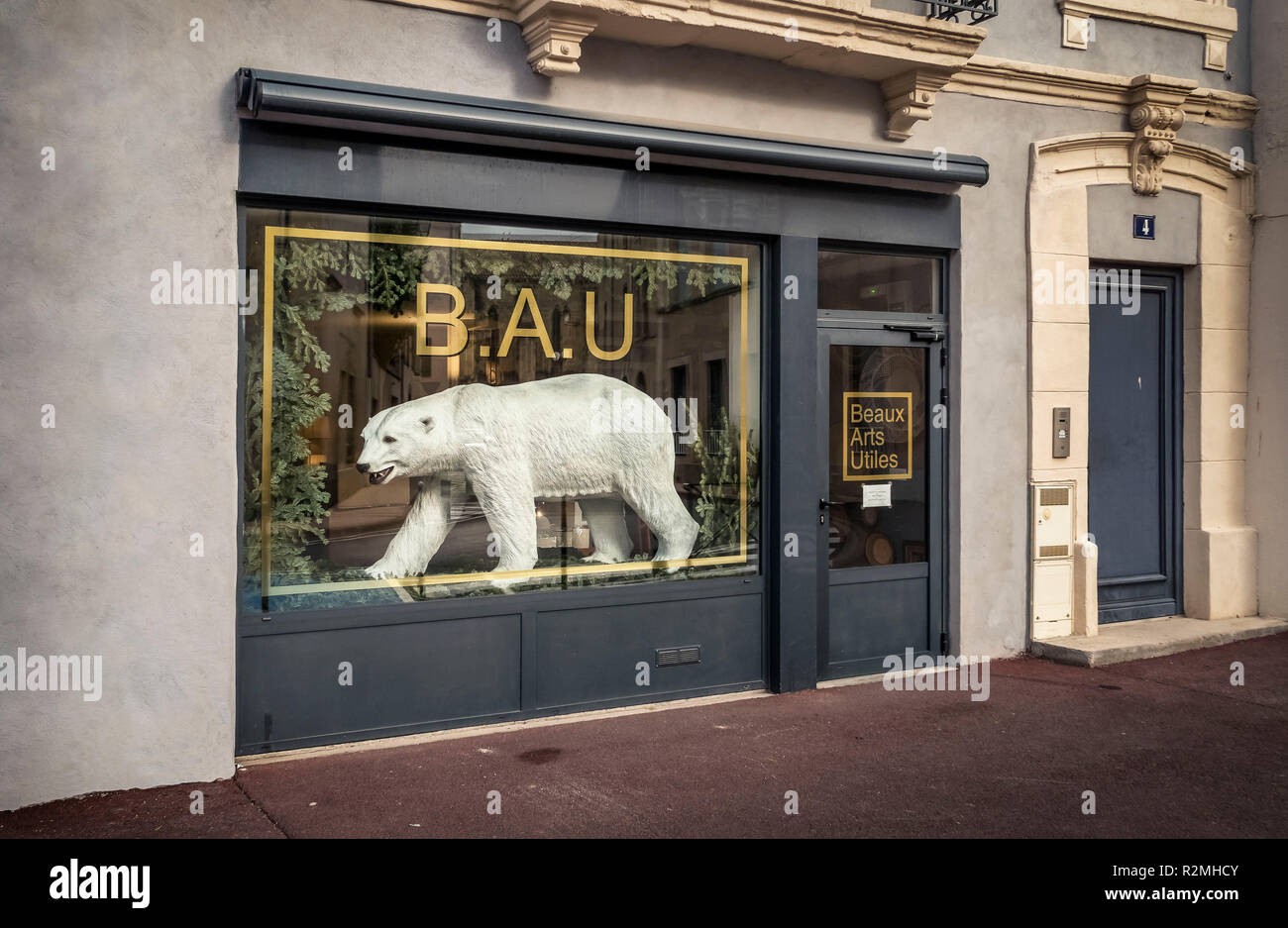Decoration shop with polar bears in the shop window Stock Photo