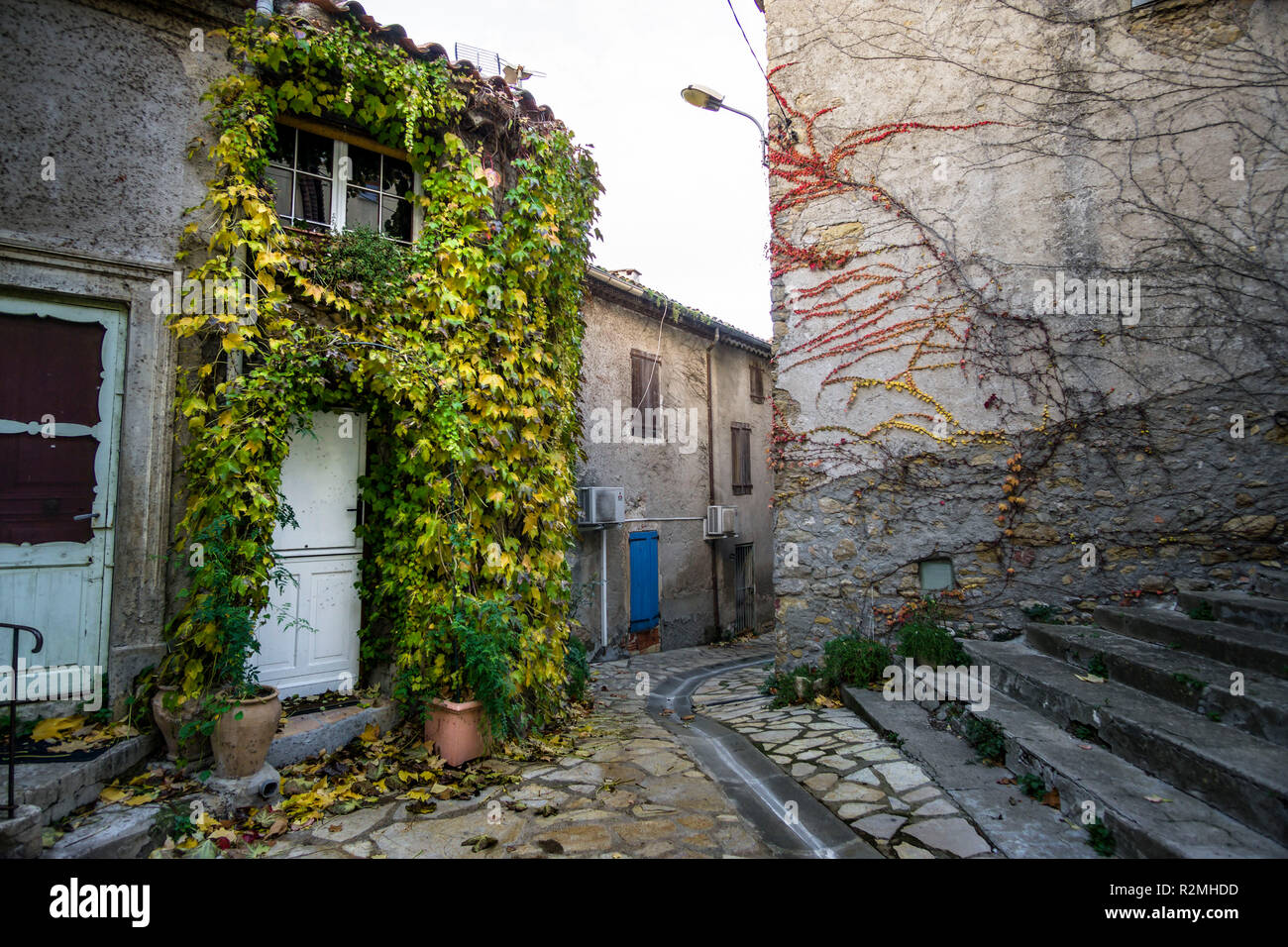 House entrance surrounded by autumnal grapevine in the village center Stock Photo