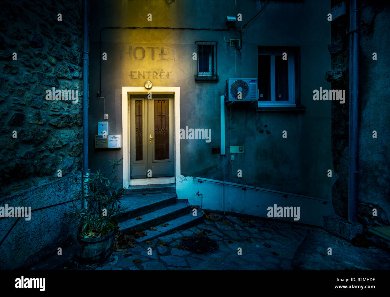 Hotel entrance in the evening in Durban-Corbières Stock Photo