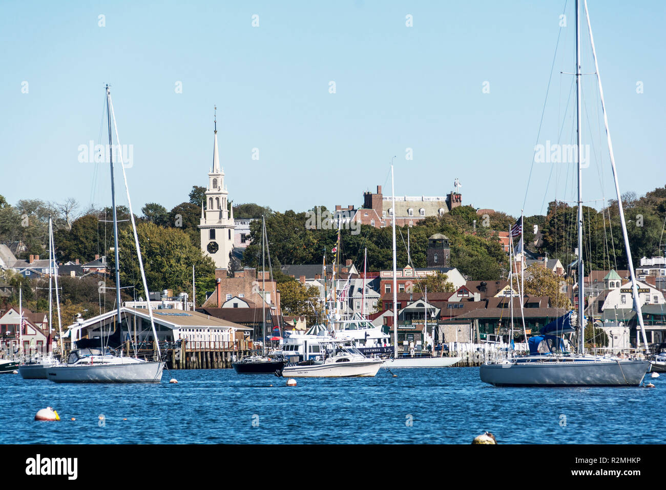 View on Newport with Trinity Church in USA Stock Photo